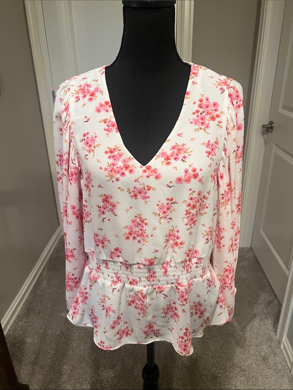 Vince Camuto White Blouse with Pink Floral Print and Smocked Waist